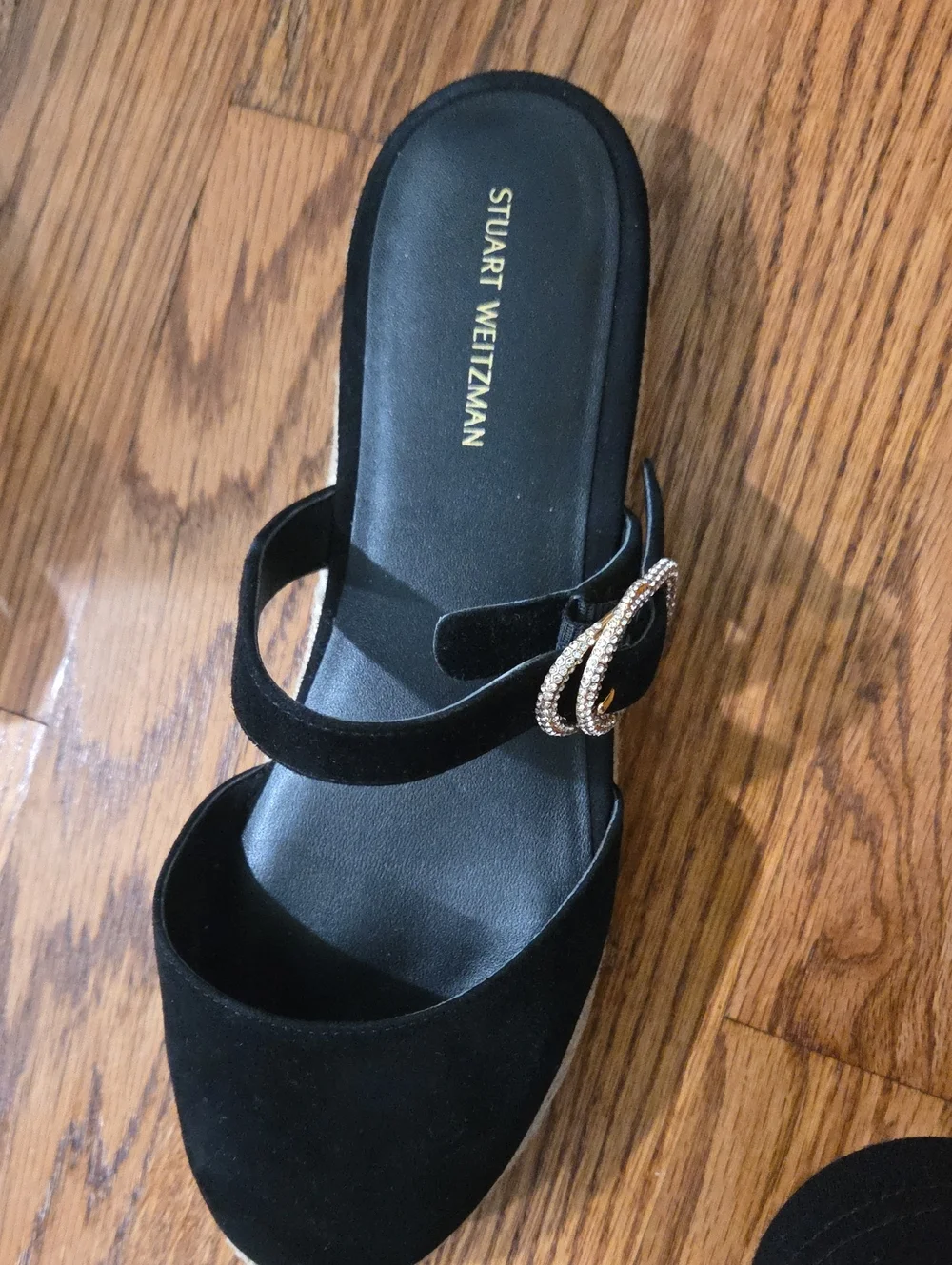 Stuart Weitzman Black Suede Crystal Buckle Espadrille Mule